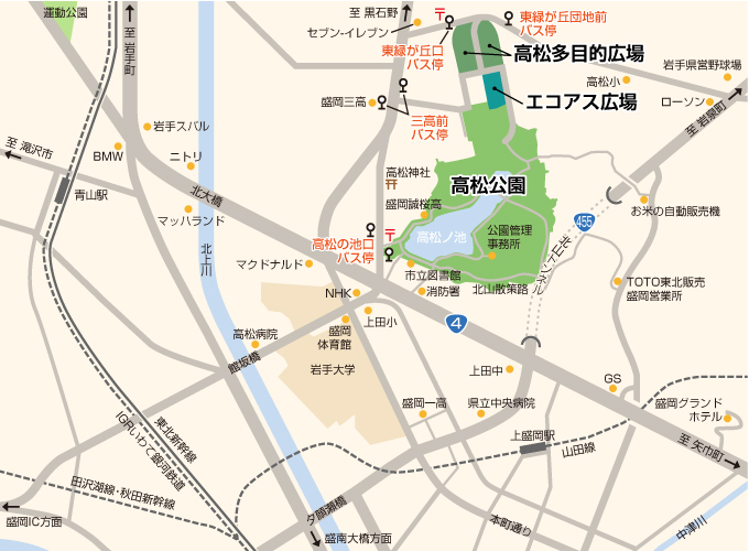 盛岡高松公園、高松の池の周辺アクセスマップ